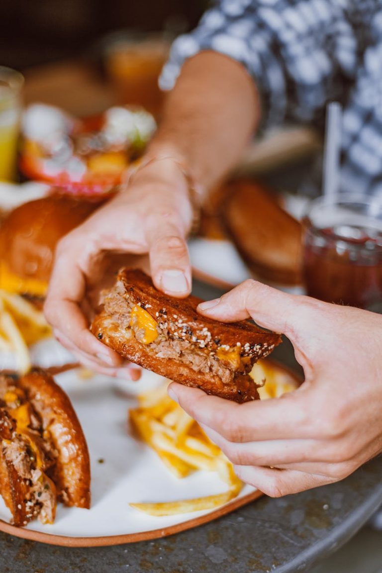 Tasty grilled cheese sandwich being held with french fries on the side.