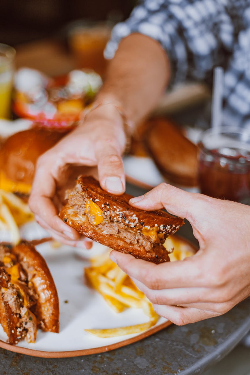 Tasty grilled cheese sandwich being held with french fries on the side.
