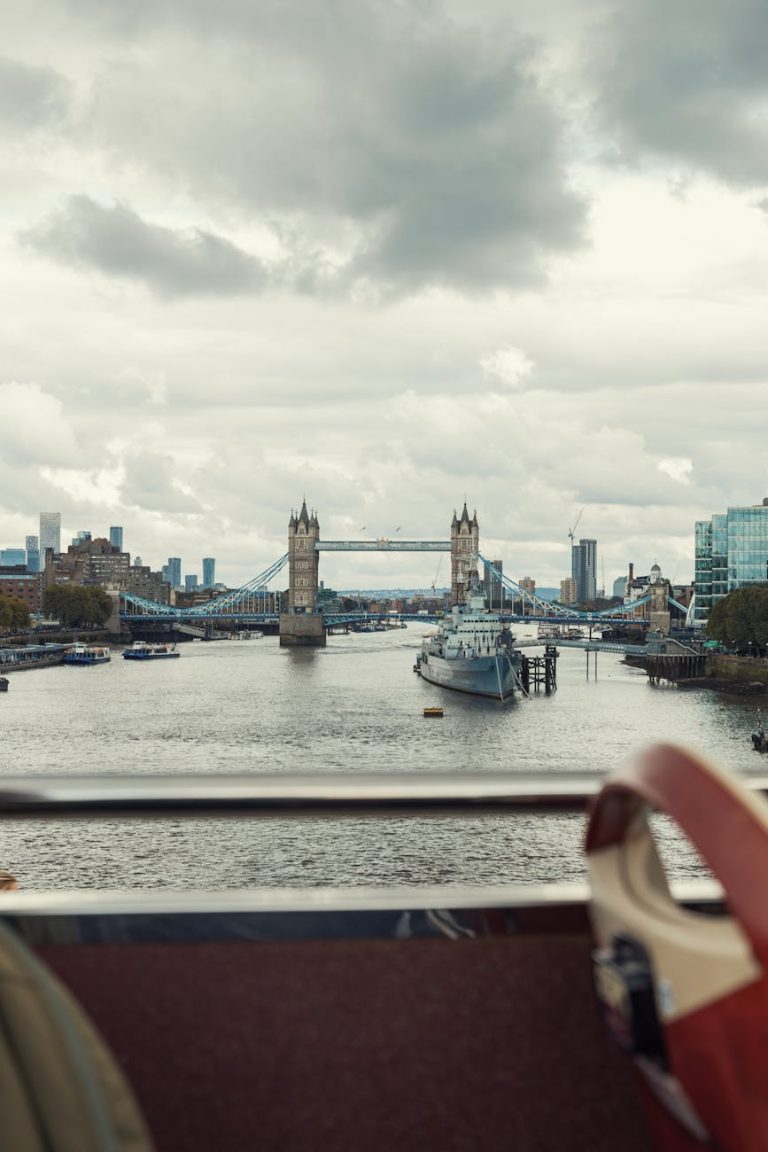 A scenic view of London’s Tower Bridge featuring the River Thames and iconic skyline.