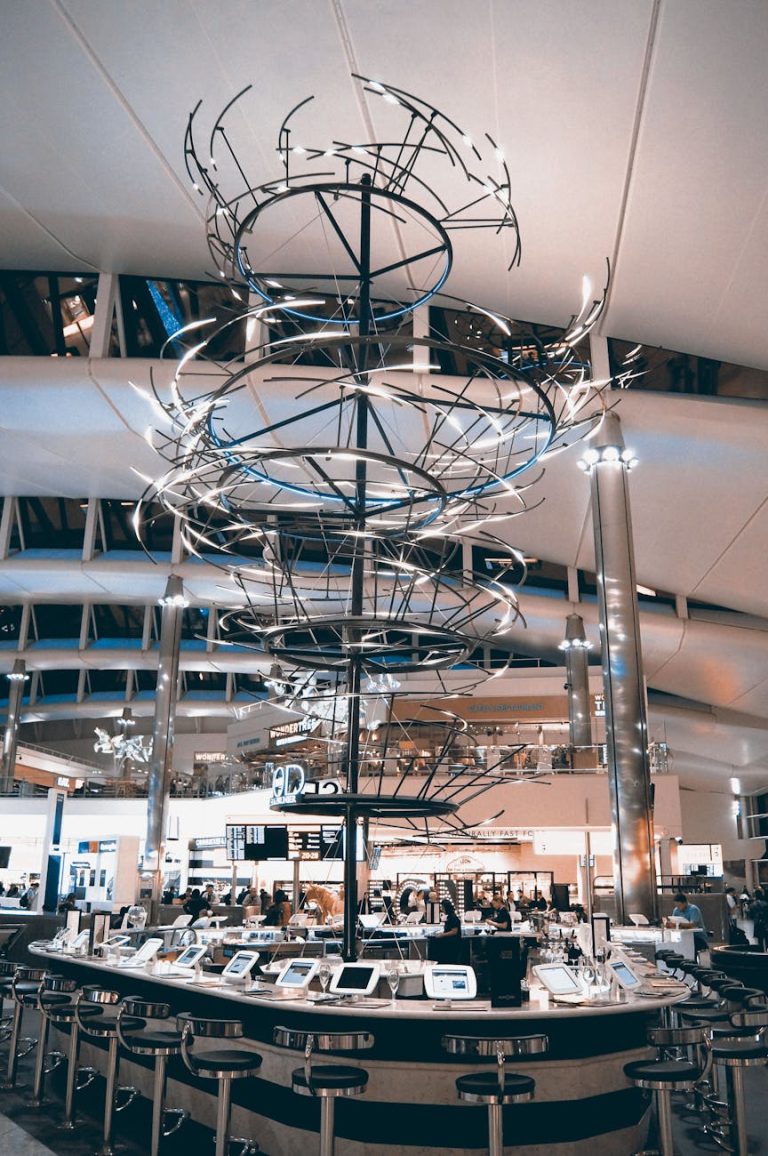 Elegant modern design at a London airport showcasing architecture and technology.