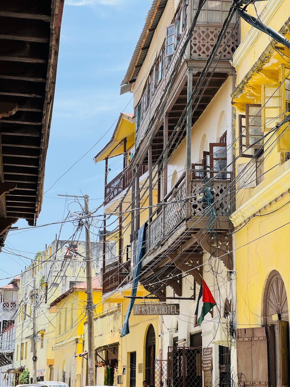 Charming historic buildings in Old Town Mombasa, showcasing colonial architecture.