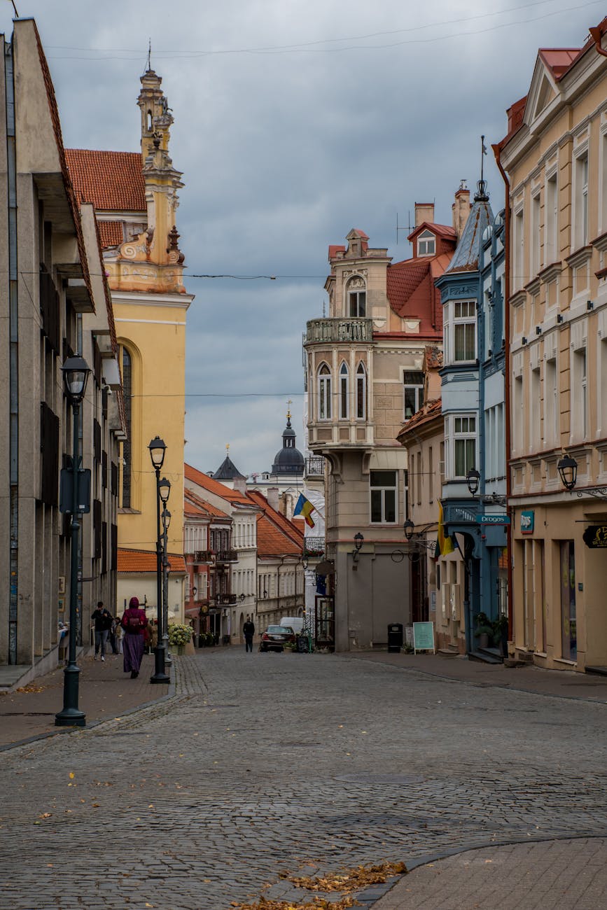 Beautiful street scene in Panevėžio apskr., Lithuania, showcasing historic architecture.
