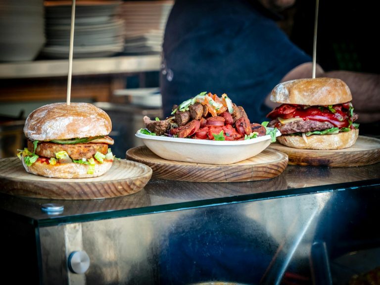 Mouth-watering burgers and salad served at Borough Market, London.